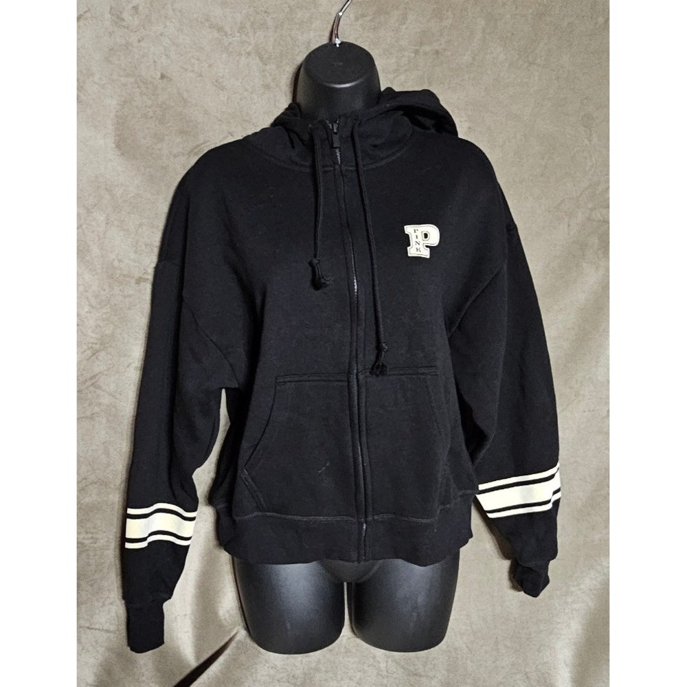 Victoria's Secret PINK Black Full Zip Hoodie Varsity Stripe Logo XS‎ NEW